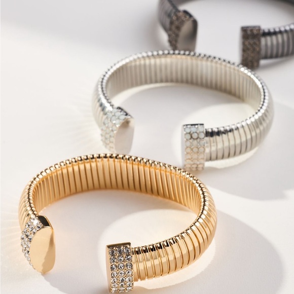 Anthropologie Pave Ribbed Cuff Bracelet NWT Silver - Picture 3 of 4